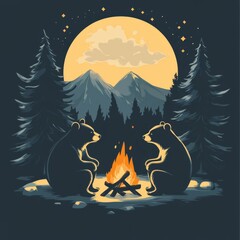 Fototapeta premium Two Bears Campfire Night Mountains Moon Stars