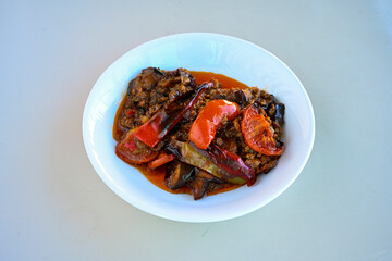 Meat with eggplant and pepper.Cooked with vegetables and hot spices. Patlican kebab, musakka.