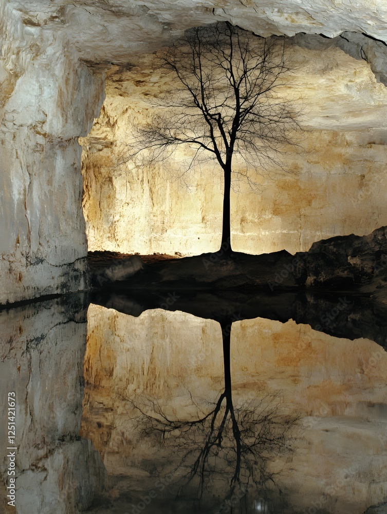 Poster serene reflection of bare tree in cave pool creating a surreal and tranquil landscape