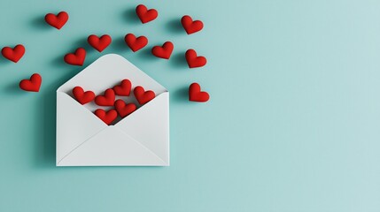An open envelope with red hearts spilling out against a light blue background.