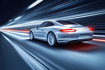 Obraz premium A sleek silver sports car speeding through a tunnel with light streaks.