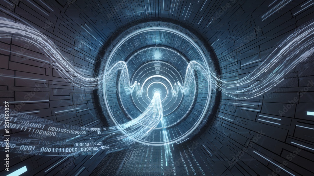 Poster futuristic digital tunnel with flowing data waves designed for technological exploration and innovat