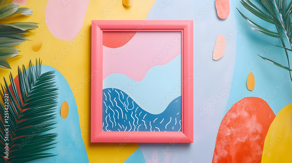 Aufkleber vibrant tropical framed wall decor with colorful palm leaves and abstract shapes this modern minimal