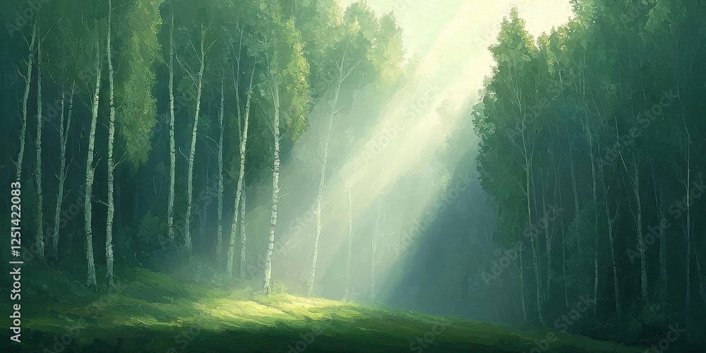 Poster sunlight filtering through trees in serene forest landscape nature calm environment