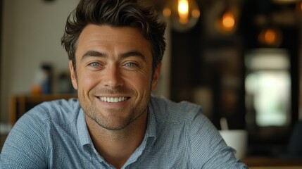Obraz premium Smiling man cafe portrait, indoor background