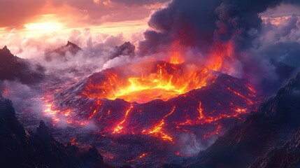Majestic Volcano Erupting with Lava Flow and Fiery Glow Surrounded by Cloudy Mountains at Dusk, with Beautiful Scenery and Dramatic Colors and Textures. Also has a powerful explosion and geothermal
