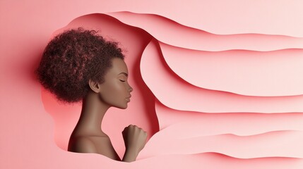Obraz premium Intricate papercut design portraying a serene profile of a woman with a textured curly hairstyle against a soft pink backdrop