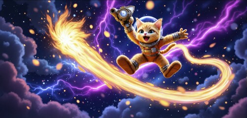 Fototapeta premium A cartoon cat is flying through space with a spaceship