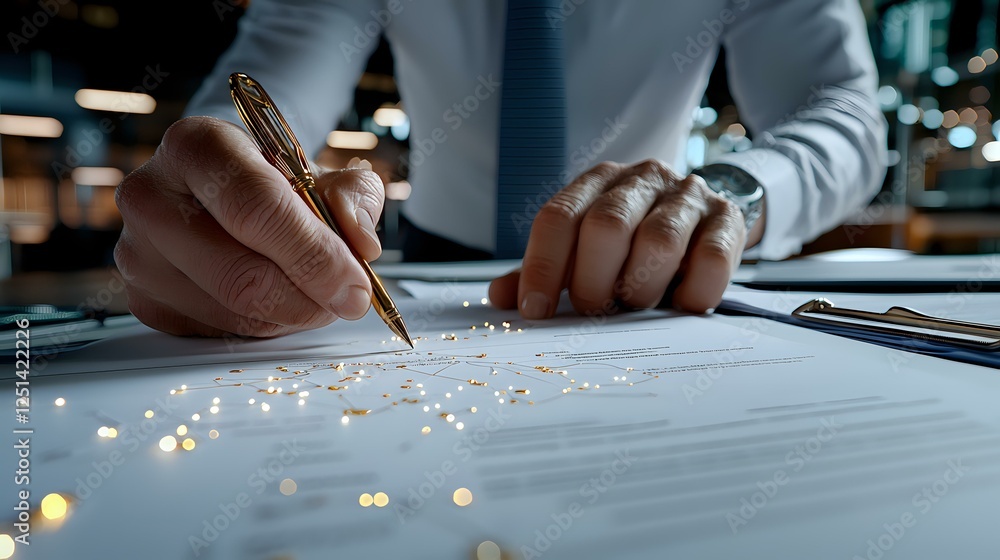 Poster close-up of business person hands signing contract document on desk with sparkle light bokeh effect,