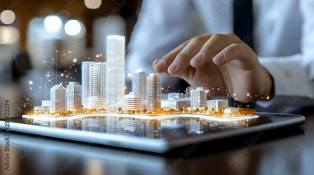 Poster Professional hands working on digital tablet displaying glowing futuristic cityscape hologram with illuminated buildings and modern architecture for urban development concept.