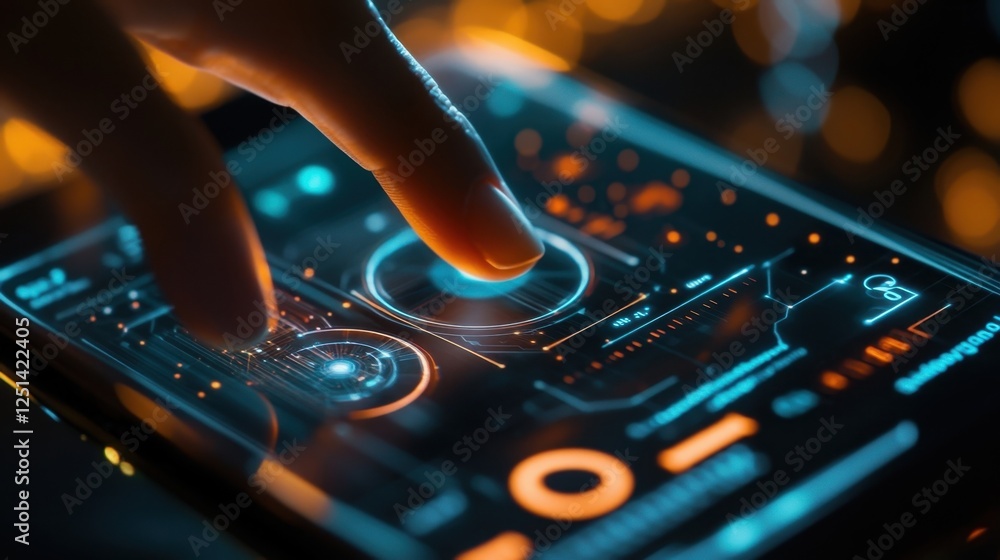 Poster person's finger engaging with a high tech digital interface, showcasing advanced holographic element