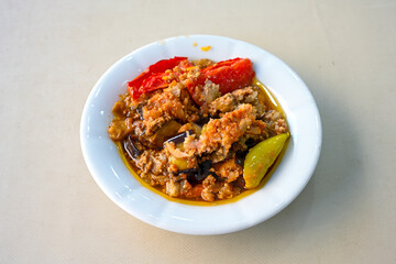 Meat with eggplant and pepper.Cooked with vegetables and hot spices. Patlican kebab, musakka.