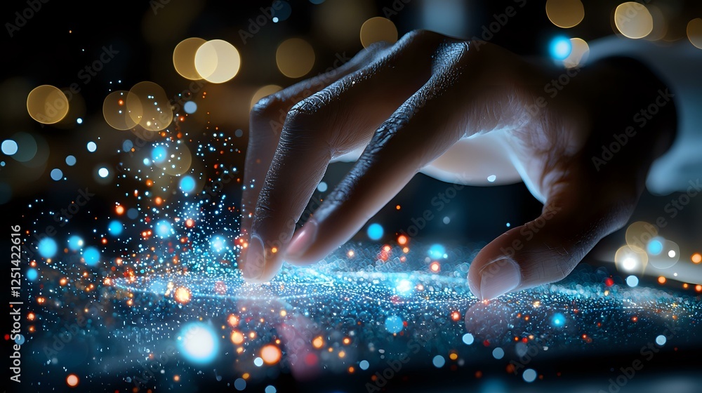 Poster fingers touching digital surface with glowing blue particles and bokeh lights creating magical techn