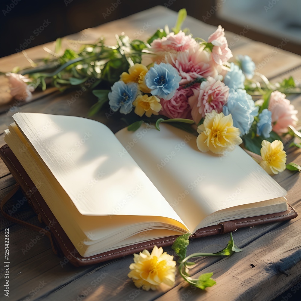Poster a bouquet and a notebook are on a wooden table in the sunlight. generated by ai