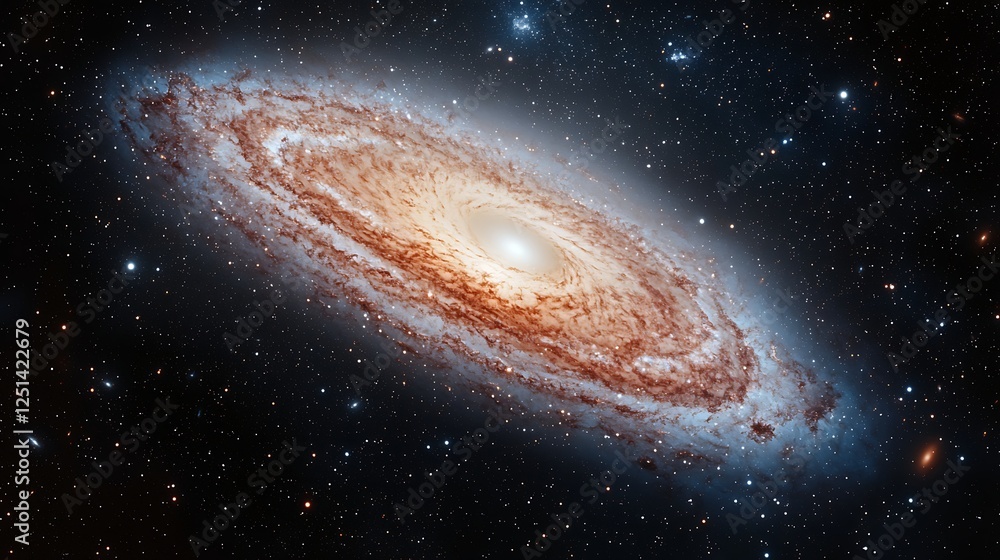 Poster a stunning view of a spiral galaxy, showcasing vibrant colors and intricate structures against a bac