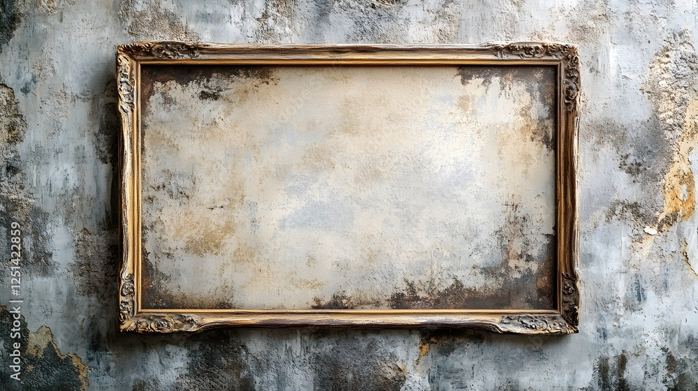 Fototapete vintage antique style wooden frame with a distressed grungy finish on a weathered textured wall back