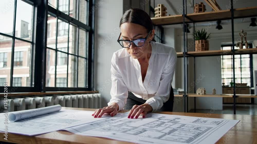 Poster Professional female architect reviewing architectural blueprints with intense concentration, analyzing design details while working at wooden desk in modern office setting