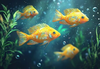 A group of yellow cichlids swimming in an aquarium, surrounded by green plants and blue water with bubbles floating around them.