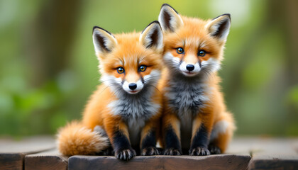 Adorable Young Red Foxes Sitting Together with Curious Expressions in Natural