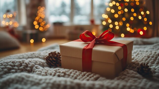 A cozy bedroom scene featuring a gift box with a red ribbon and warm string lights, creating a festive atmosphere ideal for holiday themes and celebrations.