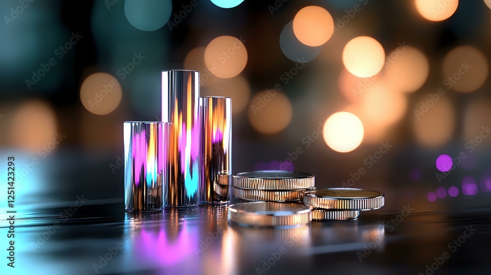 Poster glowing neon bar chart made of glass columns with scattered silver coins on dark reflective surface 