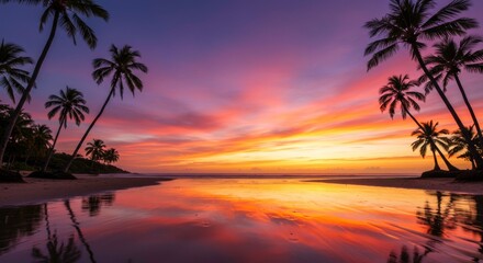 Tropical Sunset Paradise: Silhouetted palm trees frame a vibrant sunset reflecting on a tranquil beach, creating a picturesque tropical scene.