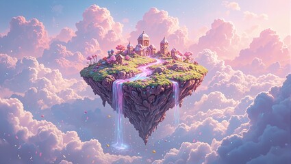 Indulge in a whimsical world with a candy island a chocolate river and pastel skies illuminated by magic light