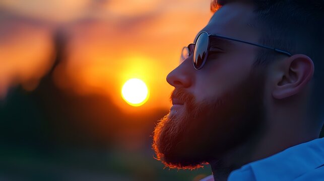 Profile of bearded man with glasses in sunlight, orange sunset sky background creates dramatic silhouette effect, peaceful contemplative moment captured in warm evening glow.