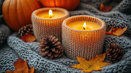 A cozy patchy plaid and autumnal decorations like pumpkin-shaped candles, pinecones, and maple leaves on a light grey background.