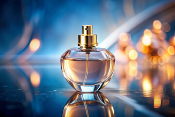 blank perfume bottle on blue background. Elegant clear glass perfume bottle
