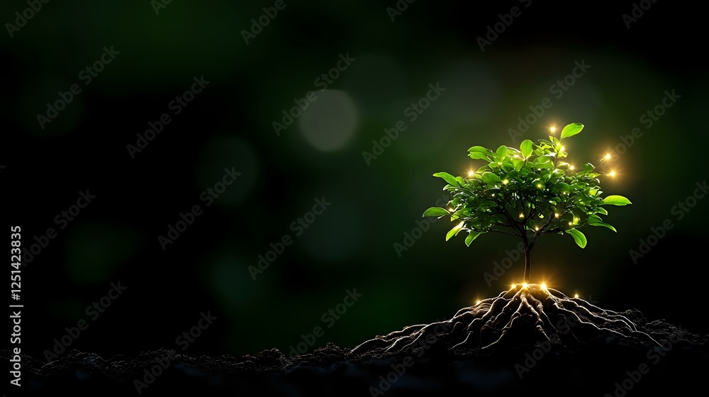 Poster glowing magical tree sapling growing from soil with illuminated roots and leaves against dark backgr