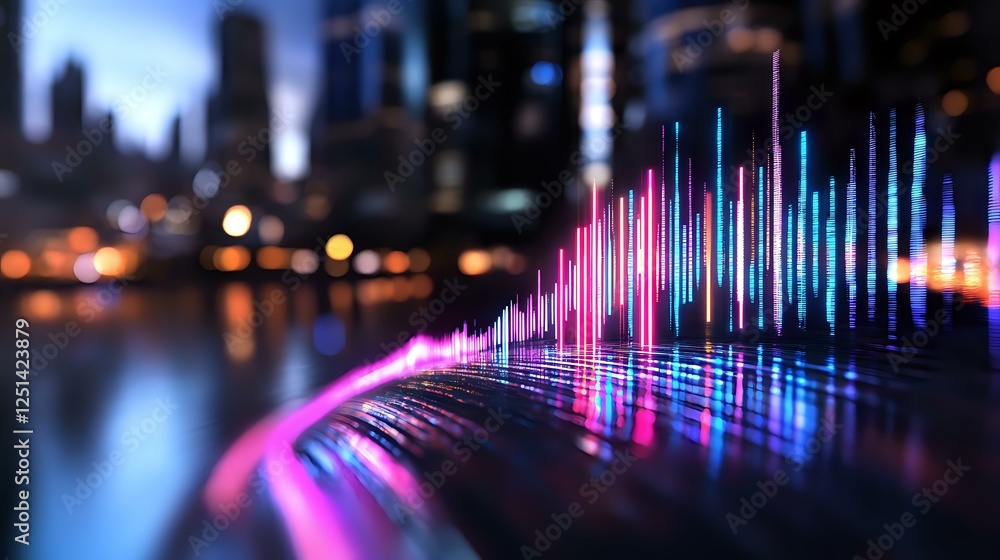 Aufkleber vibrant neon light waves reflect on wet surface against blurred urban nighttime cityscape with bokeh