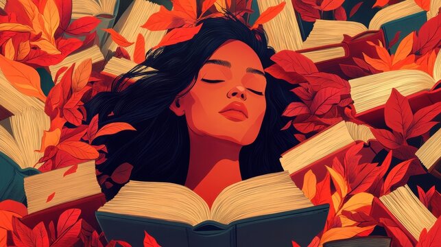 Serene reader embraces autumn vibes surrounded by colorful leaves and open books in a tranquil setting