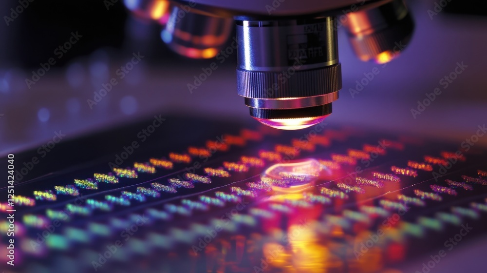 Poster close up of a microscope focusing on intricate microchip patterns, showcasing vibrant colors and pre