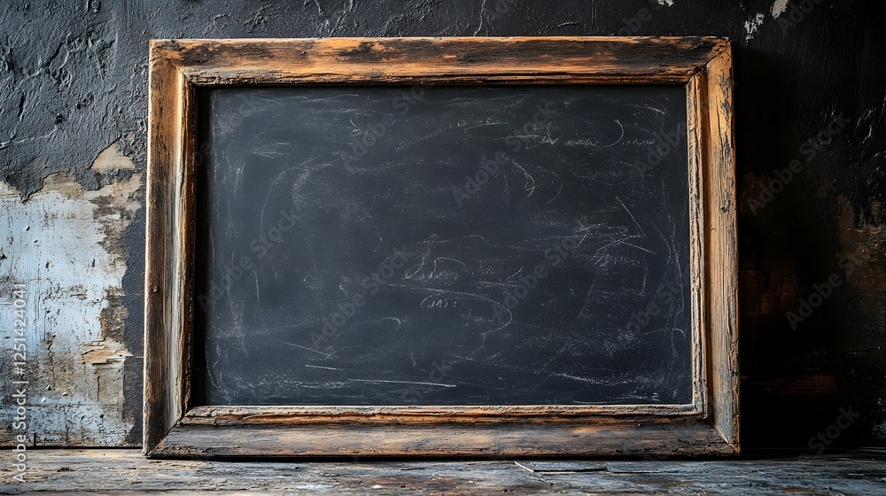 Aufkleber Vintage chalkboard in weathered wooden frame hanging on a grungy textured wall background  Empty blackboard with copy space for your own message drawing or design