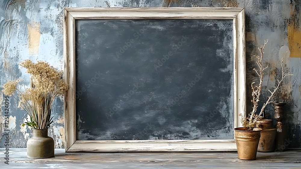 Poster vintage chalkboard inside a rustic wooden frame with potted plants vases and other natural decor ele