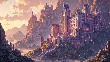 Glowing amethyst palace nestled in golden light of sunset dazzling spires rising from majestic mountain © GMeta