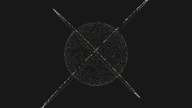 3d animation of a sphere with rings around it on a black background, particles