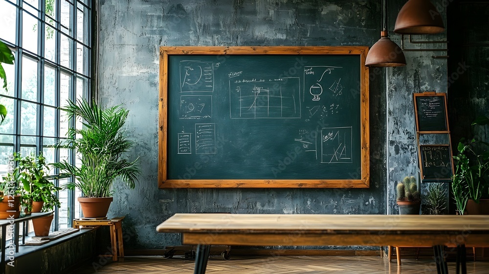 Aufkleber Vintage chalkboard with chalked diagrams and formulas in a rustic industrial style classroom interior with large windows potted plants and warm lighting creating a study or learning environment