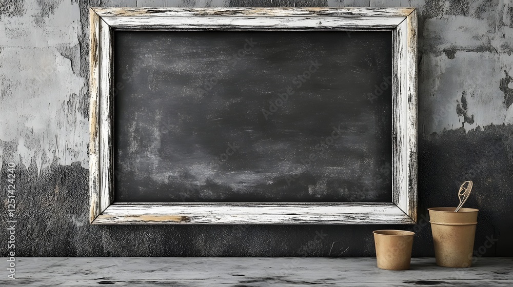 Aufkleber vintage chalkboard or blackboard with chalk and empty wooden frame on grunge weathered wall backgrou