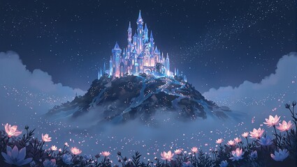 A mystical crystal castle overlooks a hill adorned with radiant flowers enveloped in a shimmering mist beneath a twinkling starry night © GMeta