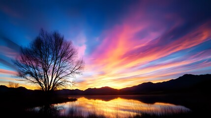 Obraz premium Dramatic sunset sky with vibrant pink and blue clouds reflecting in calm lake water, silhouetted bare tree and mountain range creating peaceful nature landscape.