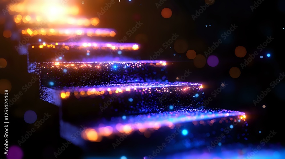 Poster glowing neon stairway with magical sparkles and light trails against dark background, creating mysti