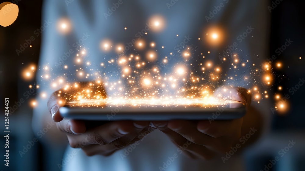 Poster magical glowing sparkles and light particles floating above hands holding digital tablet in dark roo