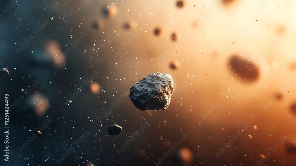 Poster the image depicts a cosmic scene filled with asteroids and particles set against a vibrant backgroun