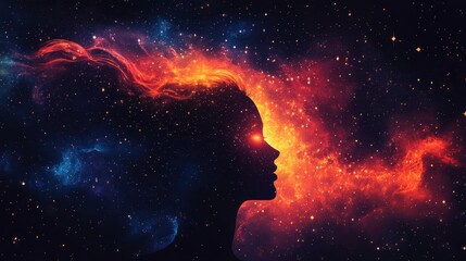Obraz premium Cosmic beauty emerges from a silhouette against a vibrant galaxy filled with fiery colors and endless stars