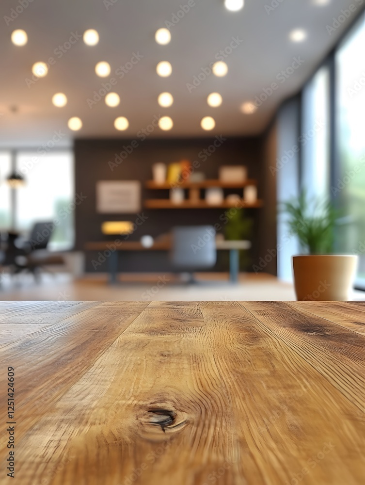 Poster wooden table surface with modern office background creating a warm and inviting workspace