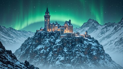 A majestic snow castle with glowing towers on a mountain peak set against a vivid green aurora An enchanting winter wonderland scene © GMeta