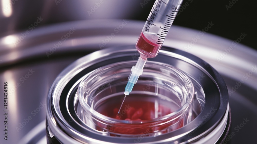 Poster close up of a syringe injecting a red substance into a petri dish containing a sample, possibly for 