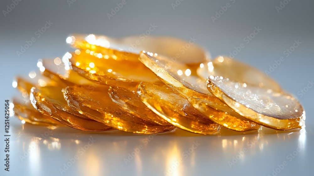 Poster translucent amber honey slices arranged in overlapping pattern with natural backlight creating golde